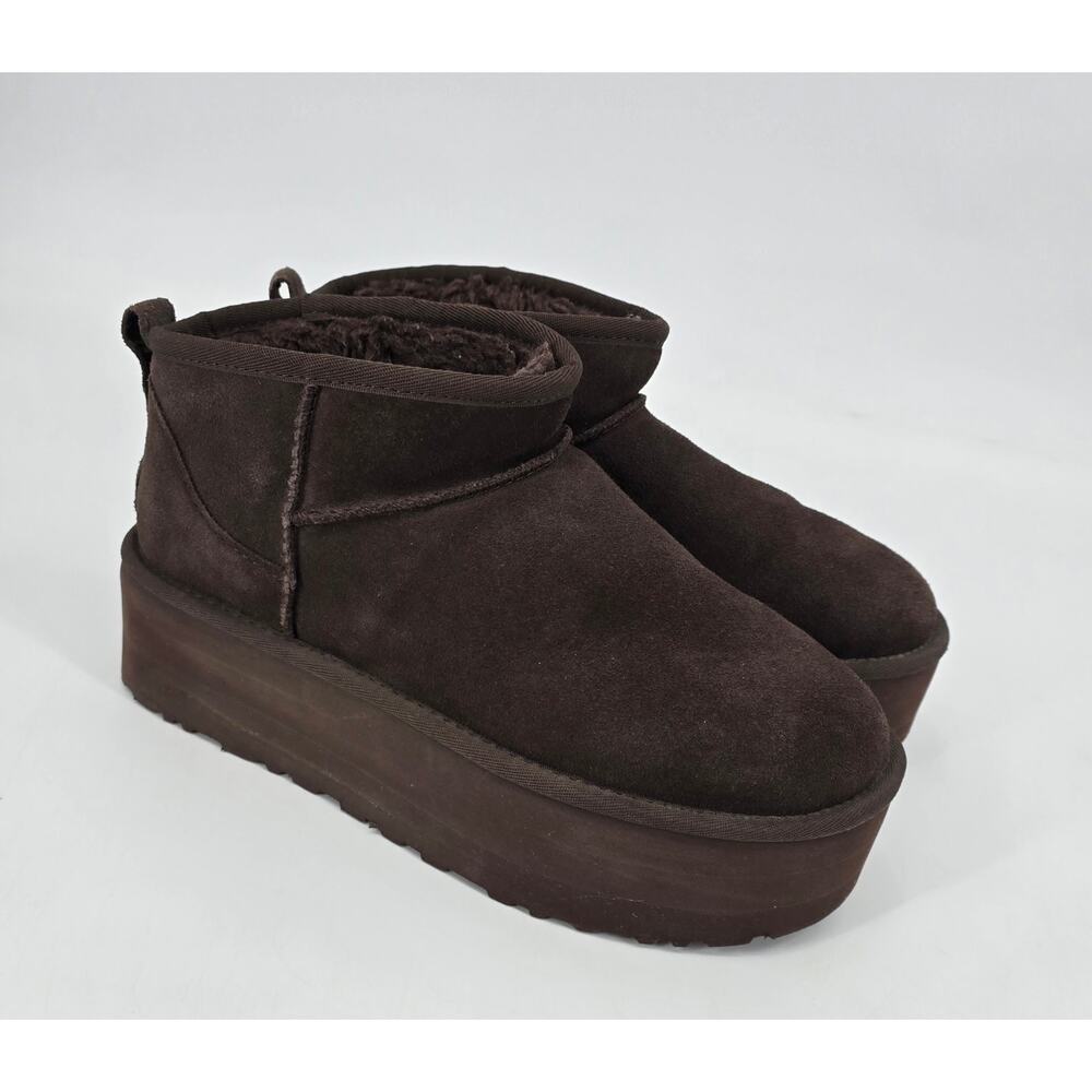 UGG Classic Ultra Mini Platform Boots Chocolate Brown Suede Shearling Lined 9